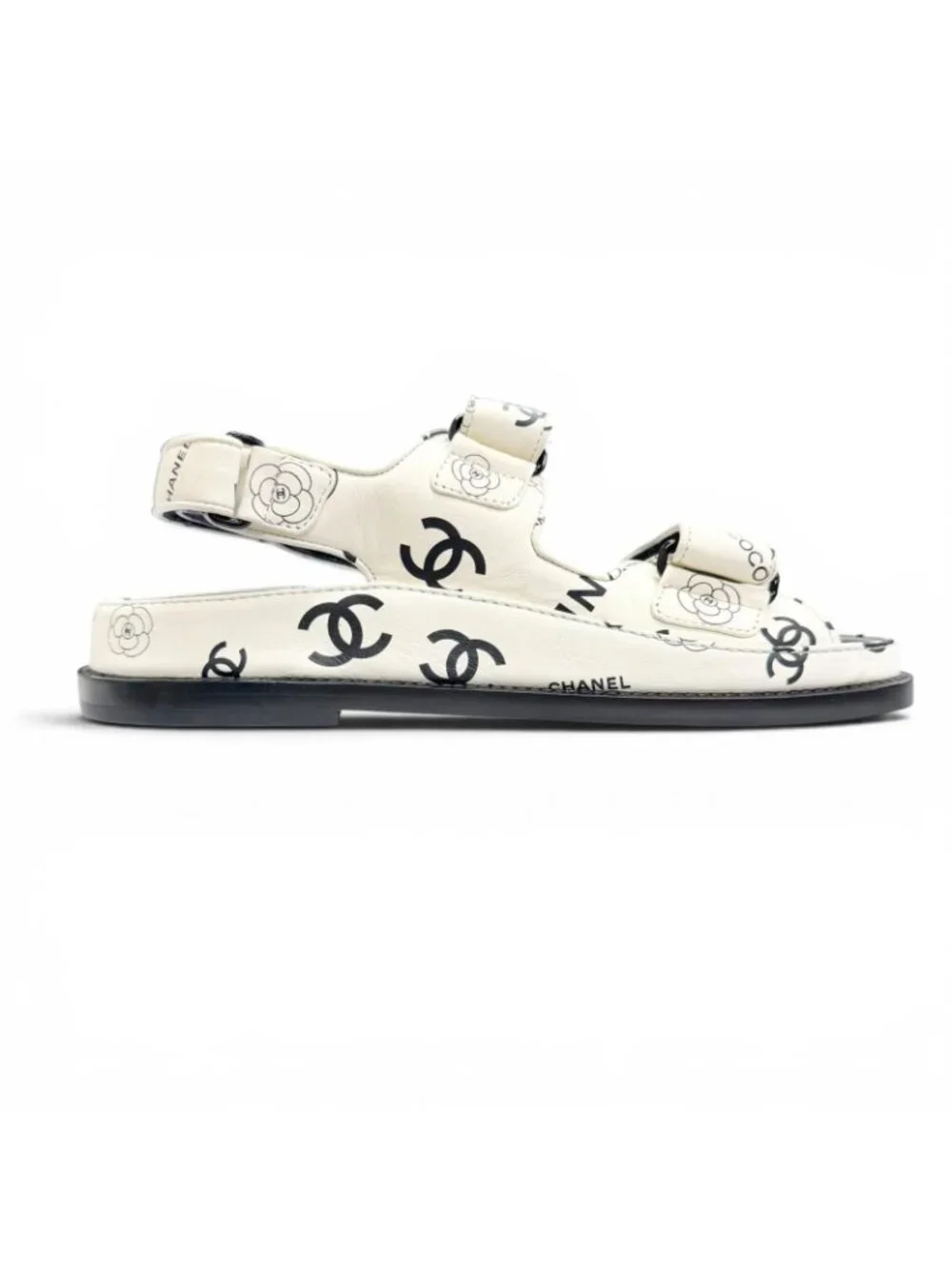 Chanel CC Logo Camellia Velcro Flat Leather Sandals White Black